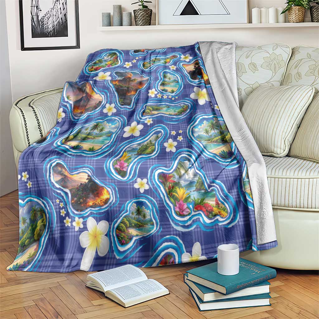 Hawaiian Island Shapes-Iconic Landscape Blanket with Plumeria and Palaka Blue Color LT03 Blue - Polynesian Pride