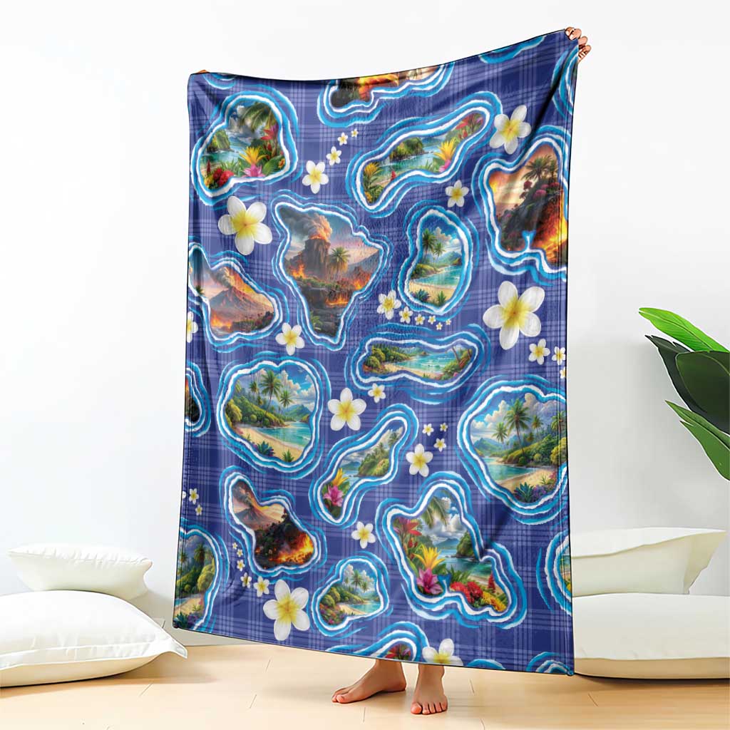 Hawaiian Island Shapes-Iconic Landscape Blanket with Plumeria and Palaka Blue Color LT03 - Polynesian Pride