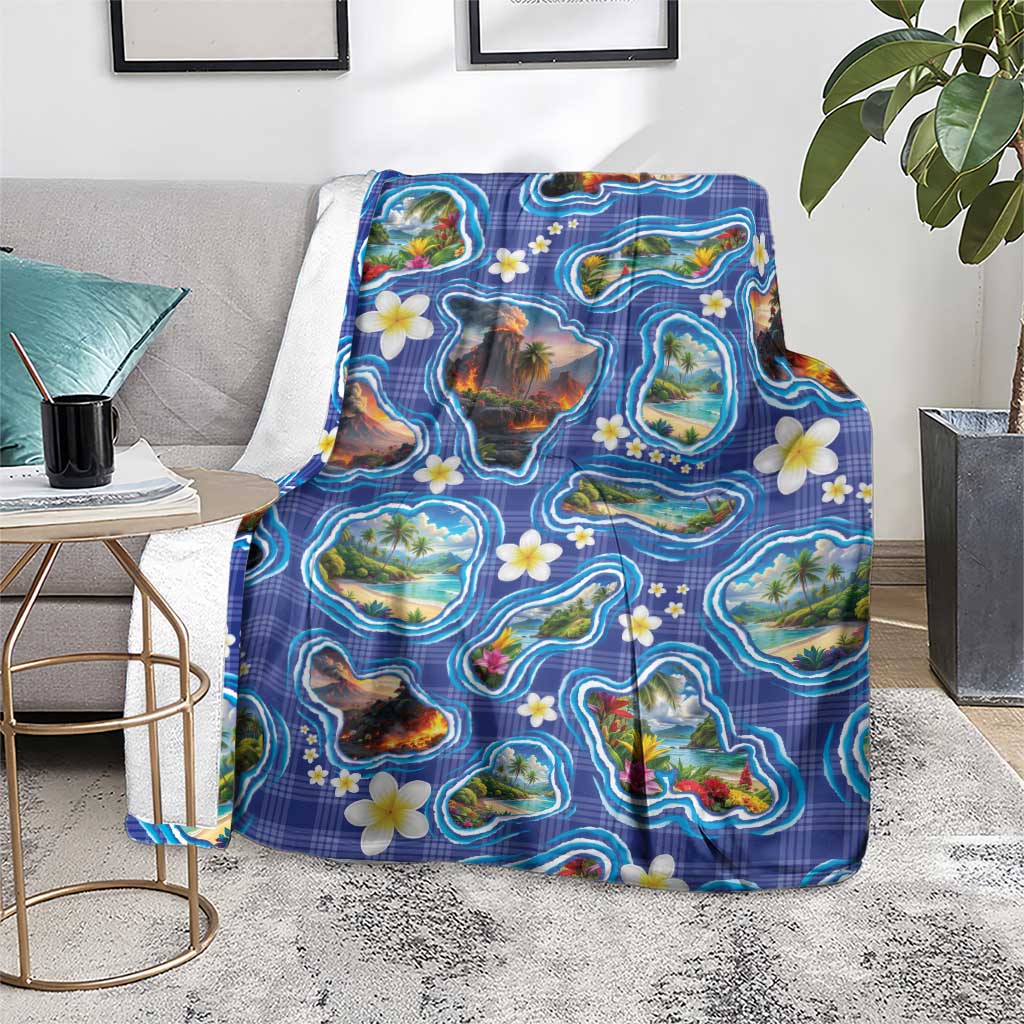 Hawaiian Island Shapes-Iconic Landscape Blanket with Plumeria and Palaka Blue Color LT03 - Polynesian Pride