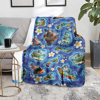 Hawaiian Island Shapes-Iconic Landscape Blanket with Plumeria and Palaka Blue Color LT03 - Polynesian Pride