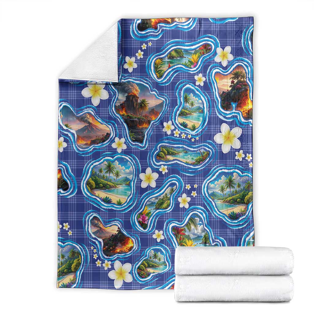 Hawaiian Island Shapes-Iconic Landscape Blanket with Plumeria and Palaka Blue Color LT03 - Polynesian Pride
