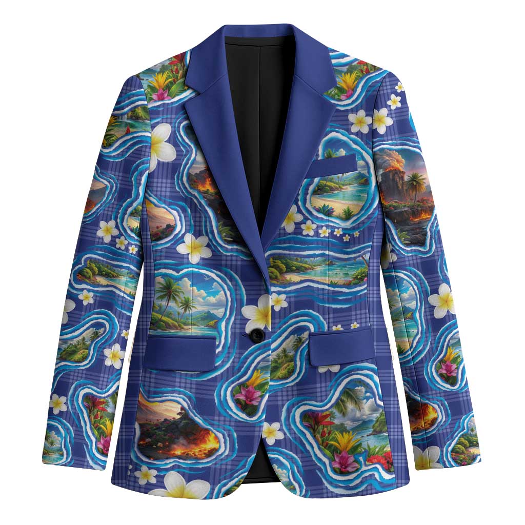 Hawaiian Island Shapes-Iconic Landscape Blazer with Plumeria and Palaka Blue Color LT03 Unisex Blue - Polynesian Pride