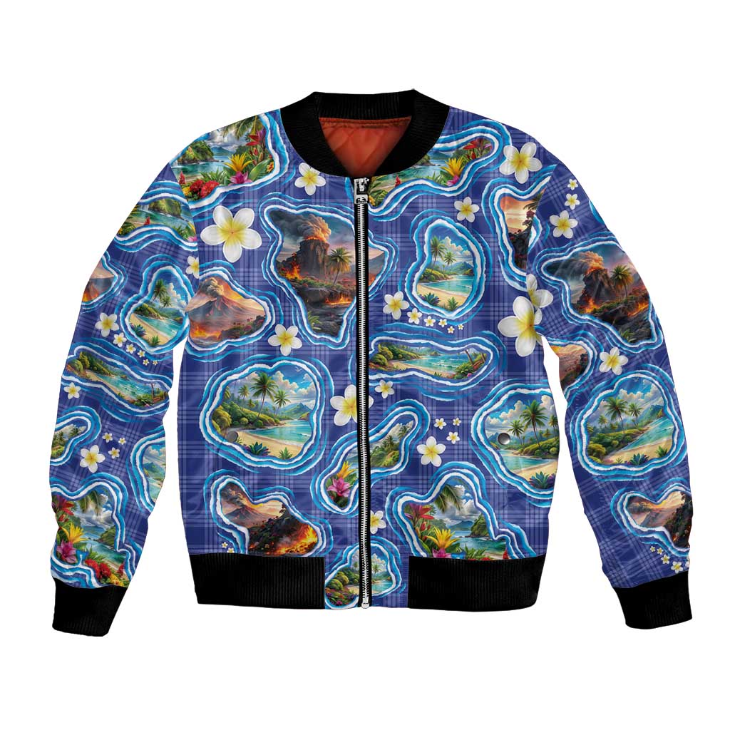 Hawaiian Island Shapes-Iconic Landscape Bomber Jacket with Plumeria and Palaka Blue Color LT03 Unisex Blue - Polynesian Pride