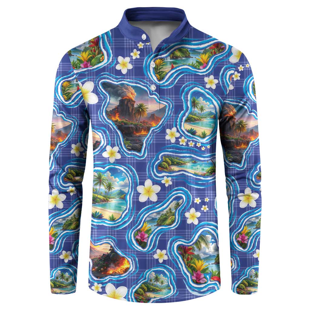 Hawaiian Island Shapes-Iconic Landscape Button Sweatshirt with Plumeria and Palaka Blue Color LT03 Blue - Polynesian Pride
