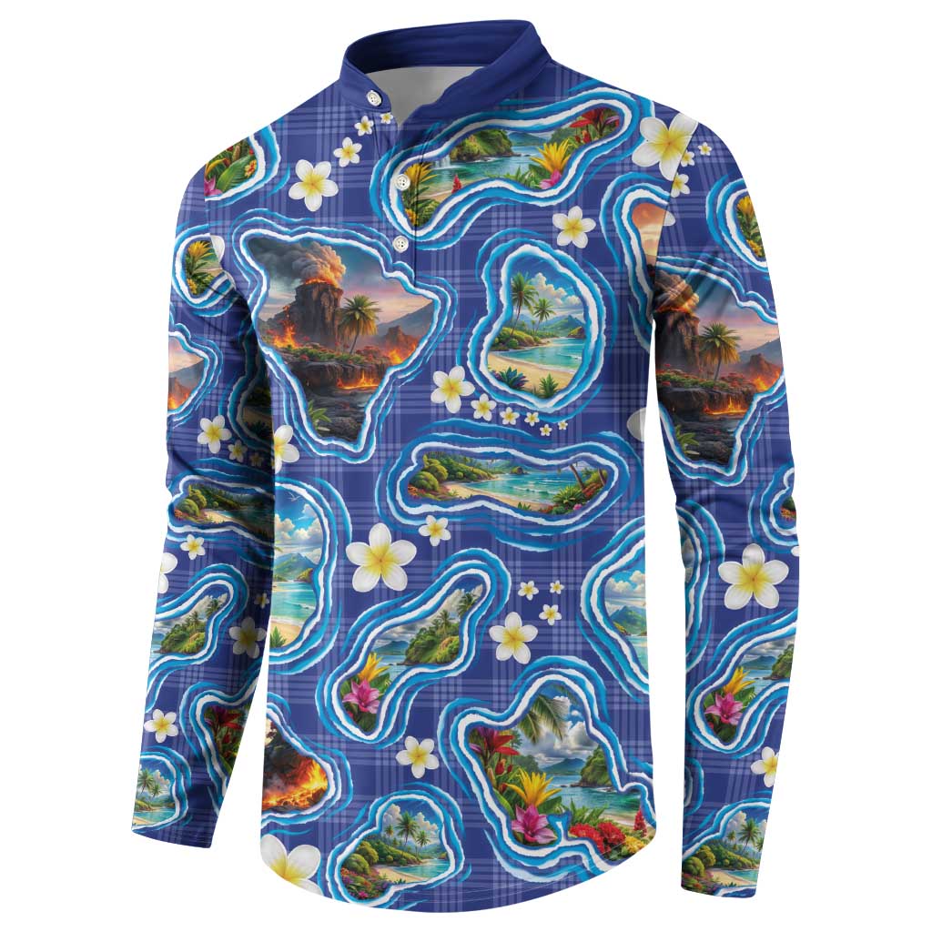 Hawaiian Island Shapes-Iconic Landscape Button Sweatshirt with Plumeria and Palaka Blue Color LT03 - Polynesian Pride