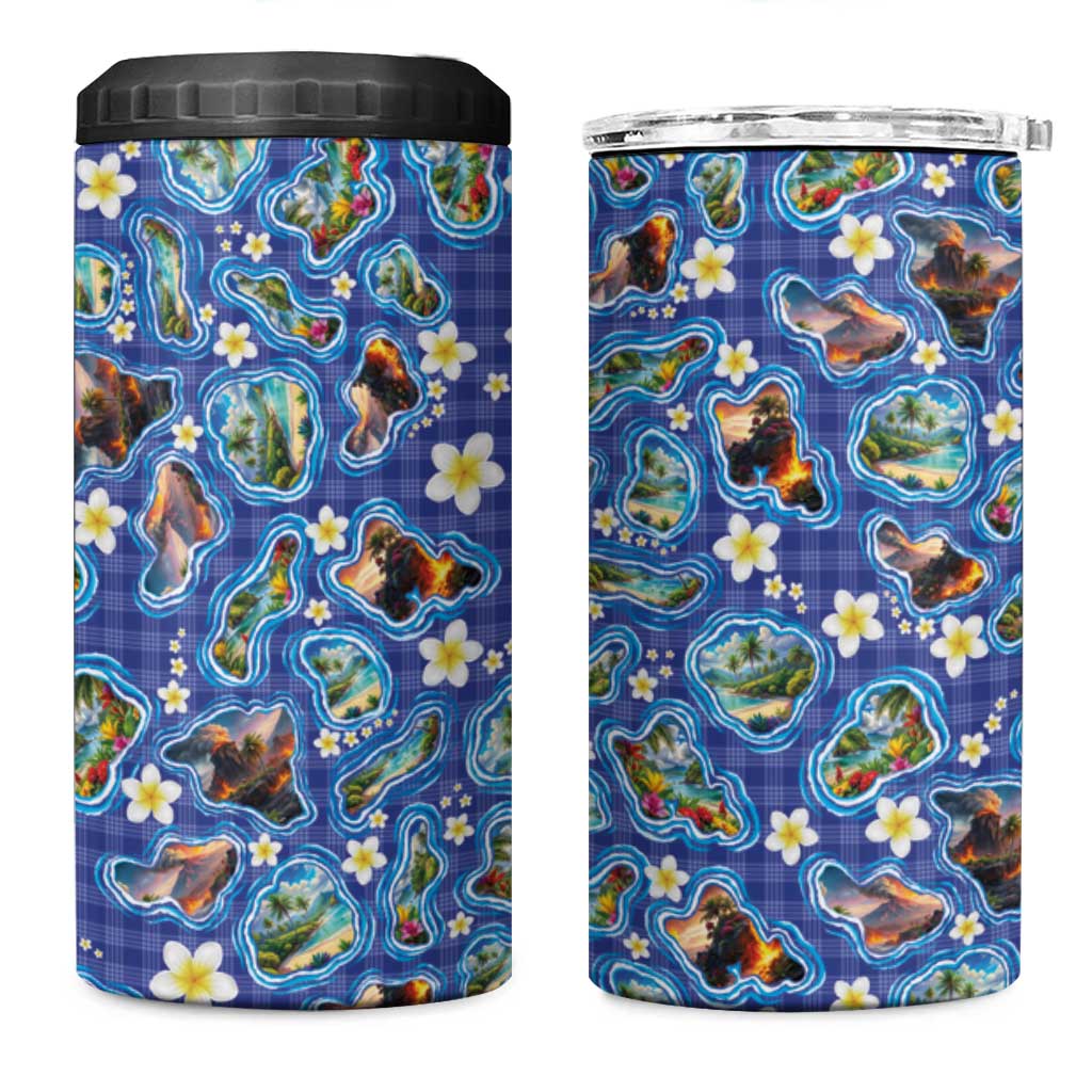 Hawaiian Island Shapes-Iconic Landscape 4 in 1 Can Cooler Tumbler with Plumeria and Palaka Blue Color