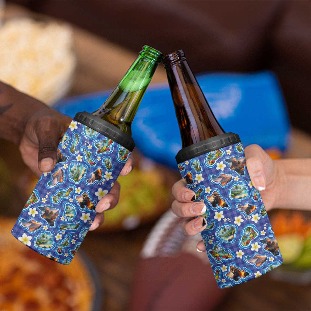 Hawaiian Island Shapes-Iconic Landscape 4 in 1 Can Cooler Tumbler with Plumeria and Palaka Blue Color