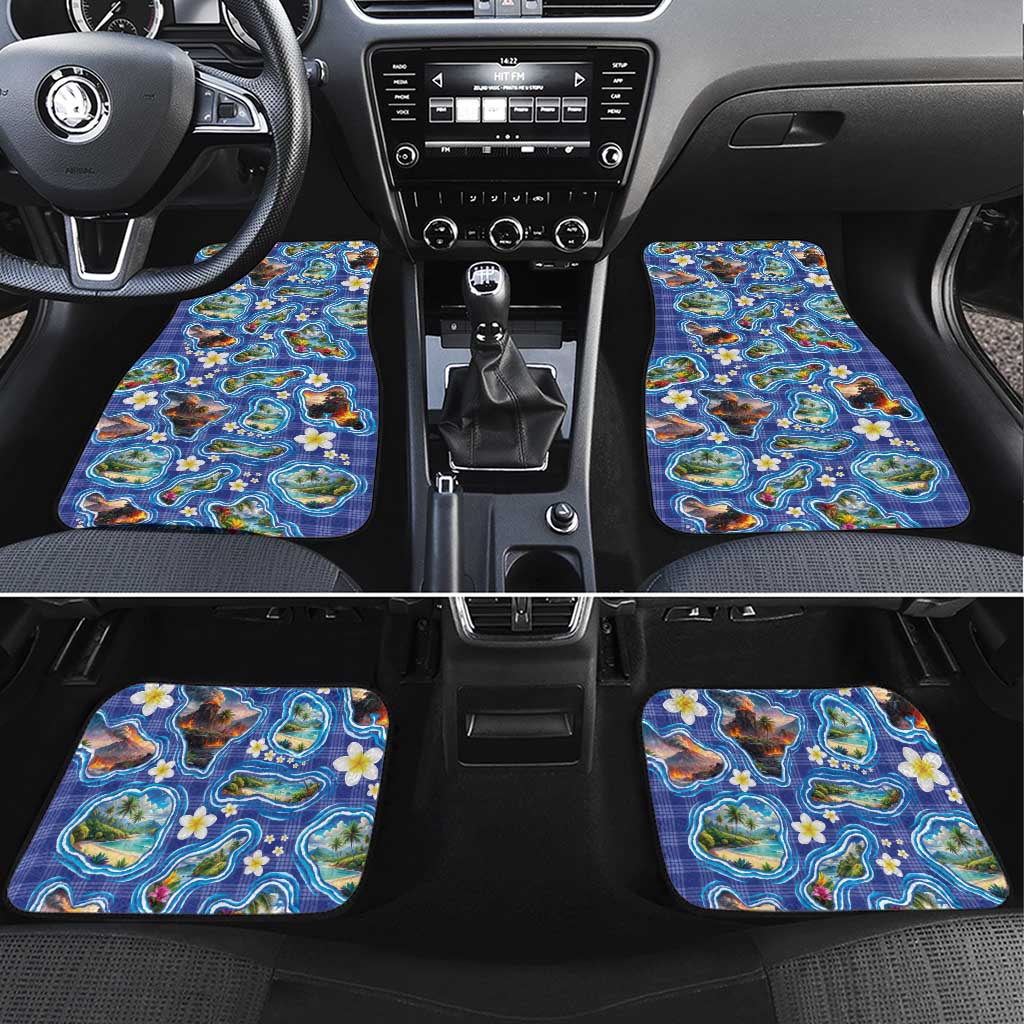 Hawaiian Island Shapes-Iconic Landscape Car Mats with Plumeria and Palaka Blue Color LT03 Set 4pcs Blue - Polynesian Pride