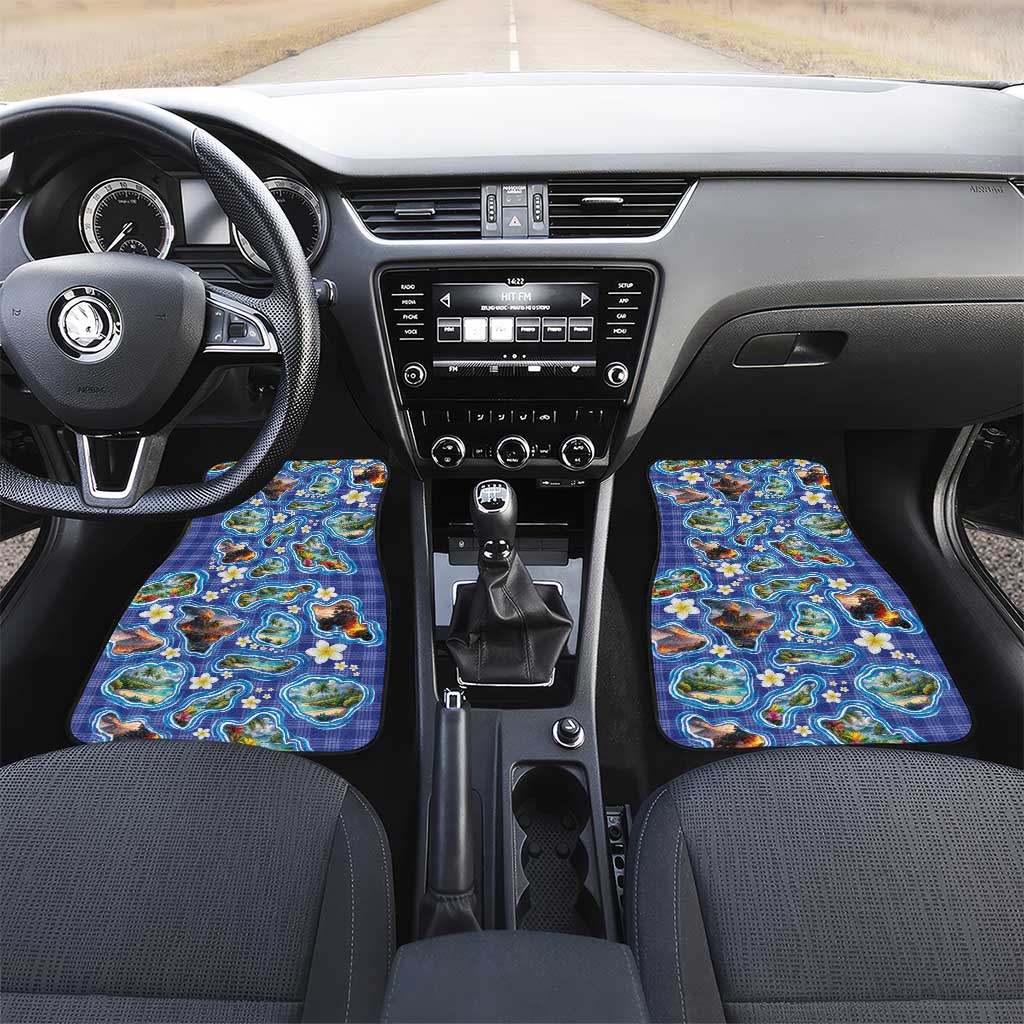 Hawaiian Island Shapes-Iconic Landscape Car Mats with Plumeria and Palaka Blue Color LT03 Set 2pcs - Front Blue - Polynesian Pride