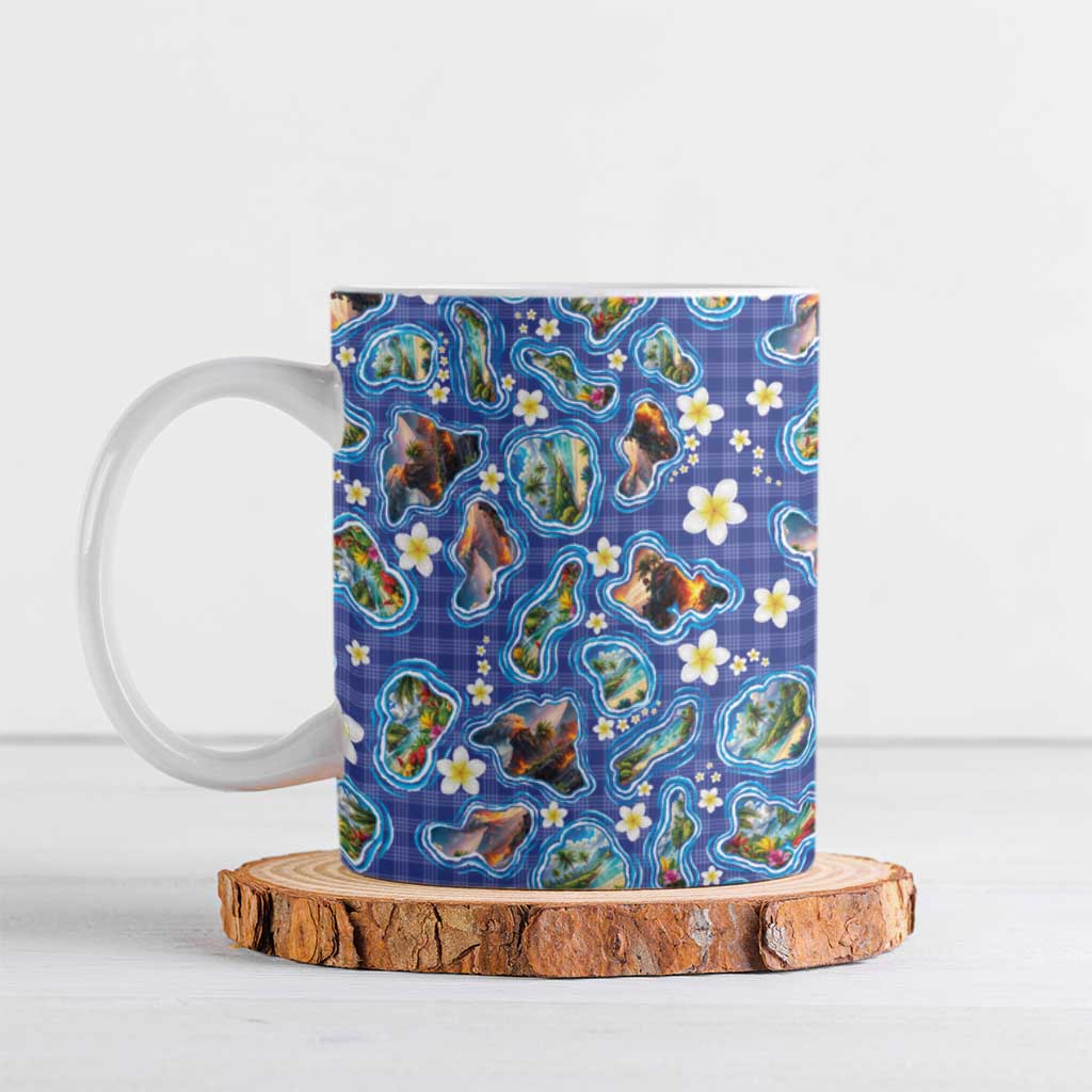 Hawaiian Island Shapes-Iconic Landscape Ceramic Mug with Plumeria and Palaka Blue Color LT03 Blue - Polynesian Pride