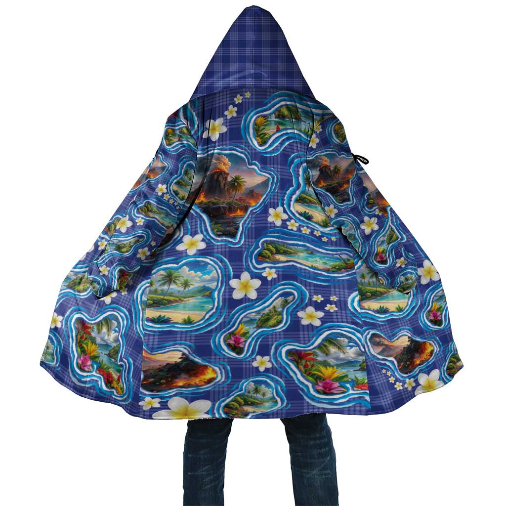 Hawaiian Island Shapes-Iconic Landscape Cloak with Plumeria and Palaka Blue Color LT03 Unisex Blue - Polynesian Pride