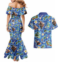 Hawaiian Island Shapes-Iconic Landscape Couples Matching Mermaid Dress and Hawaiian Shirt with Plumeria and Palaka Blue Color