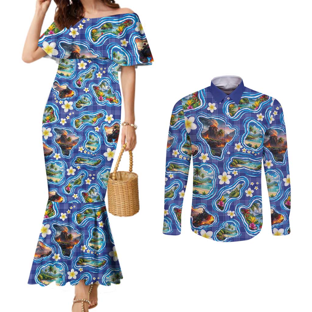 Hawaiian Island Shapes-Iconic Landscape Couples Matching Mermaid Dress and Long Sleeve Button Shirt with Plumeria and Palaka Blue Color
