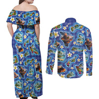 Hawaiian Island Shapes-Iconic Landscape Couples Matching Off Shoulder Maxi Dress and Long Sleeve Button Shirt with Plumeria and Palaka Blue Color