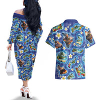 Hawaiian Island Shapes-Iconic Landscape Couples Matching Off The Shoulder Long Sleeve Dress and Hawaiian Shirt with Plumeria and Palaka Blue Color