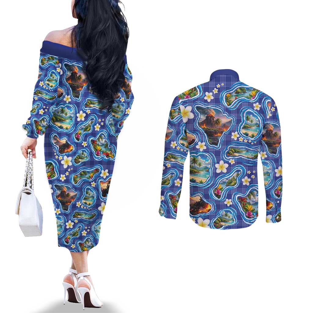 Hawaiian Island Shapes-Iconic Landscape Couples Matching Off The Shoulder Long Sleeve Dress and Long Sleeve Button Shirt with Plumeria and Palaka Blue Color