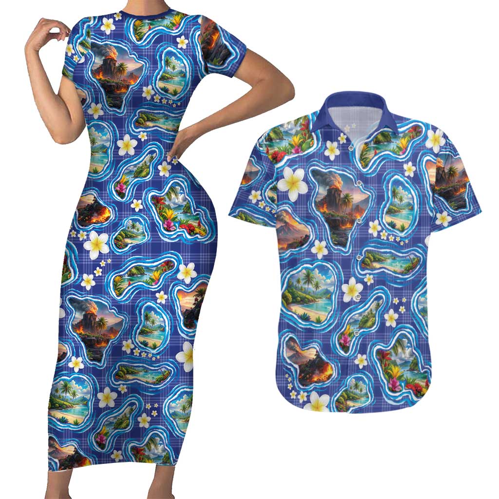 Hawaiian Island Shapes-Iconic Landscape Couples Matching Short Sleeve Bodycon Dress and Hawaiian Shirt with Plumeria and Palaka Blue Color