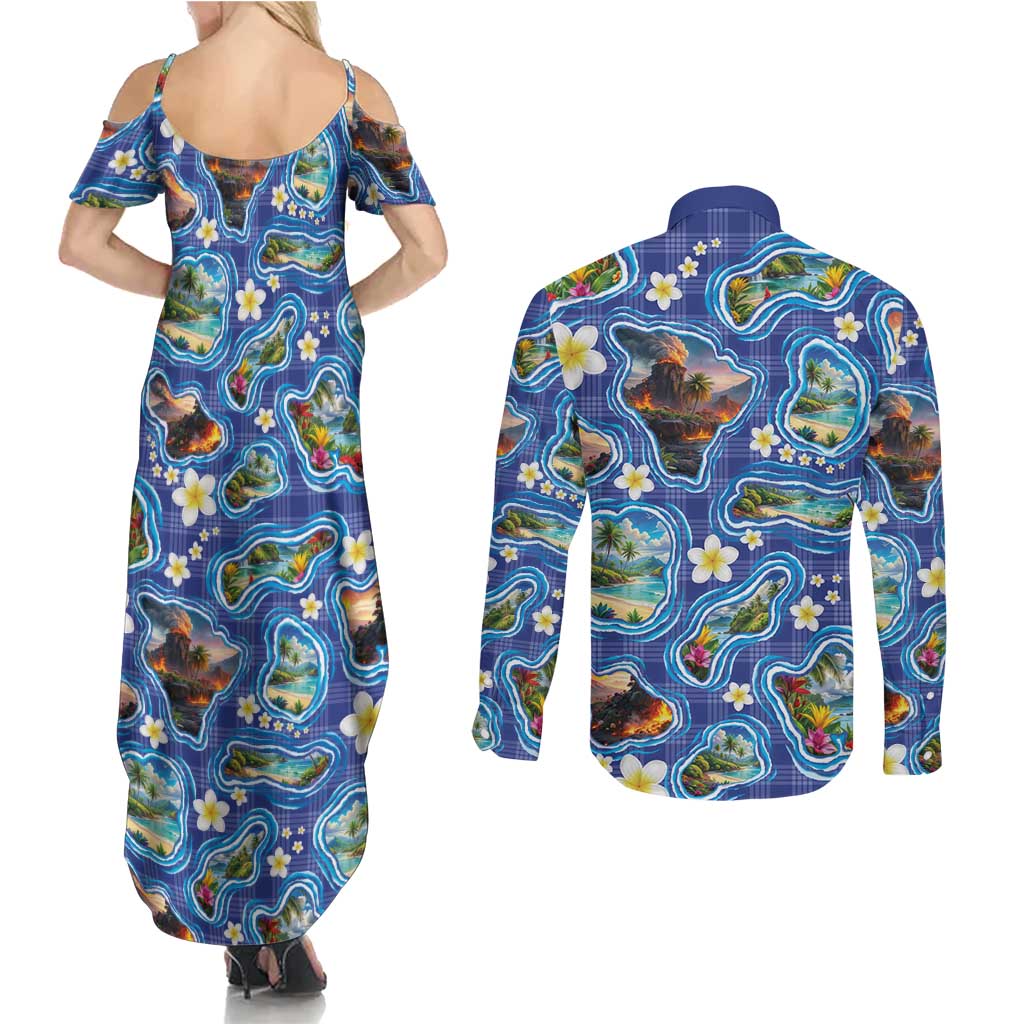 Hawaiian Island Shapes-Iconic Landscape Couples Matching Summer Maxi Dress and Long Sleeve Button Shirt with Plumeria and Palaka Blue Color