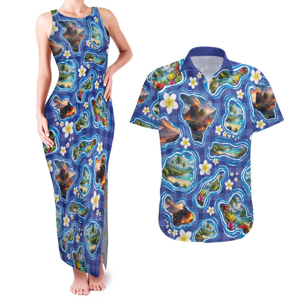 Hawaiian Island Shapes-Iconic Landscape Couples Matching Tank Maxi Dress and Hawaiian Shirt with Plumeria and Palaka Blue Color