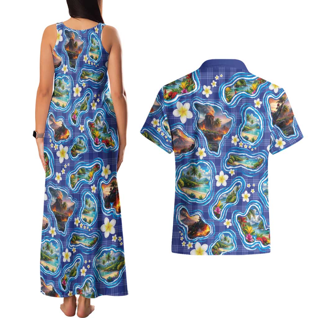 Hawaiian Island Shapes-Iconic Landscape Couples Matching Tank Maxi Dress and Hawaiian Shirt with Plumeria and Palaka Blue Color