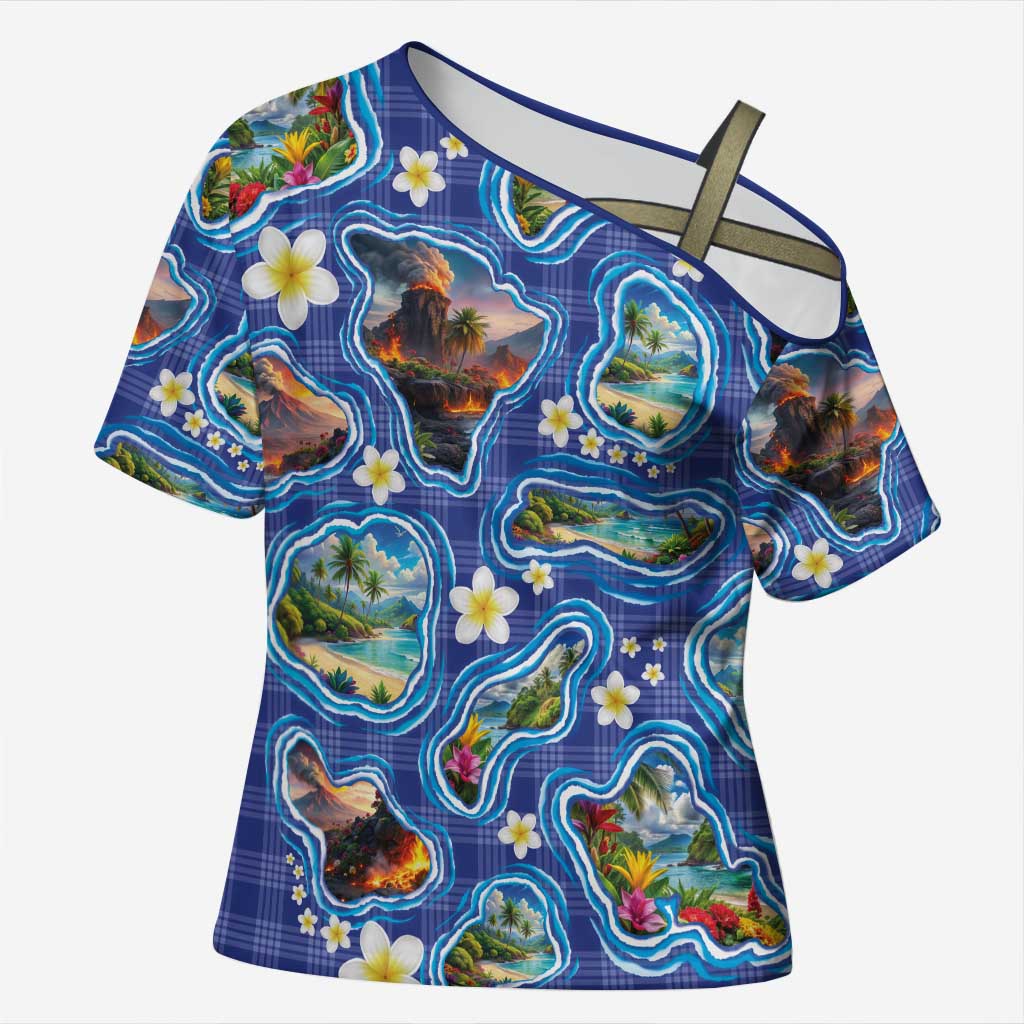 Hawaiian Island Shapes-Iconic Landscape Cross Shoulder Shirt with Plumeria and Palaka Blue Color LT03 Female Blue - Polynesian Pride
