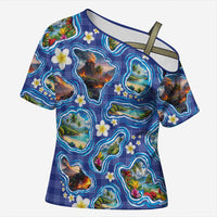 Hawaiian Island Shapes-Iconic Landscape Cross Shoulder Shirt with Plumeria and Palaka Blue Color
