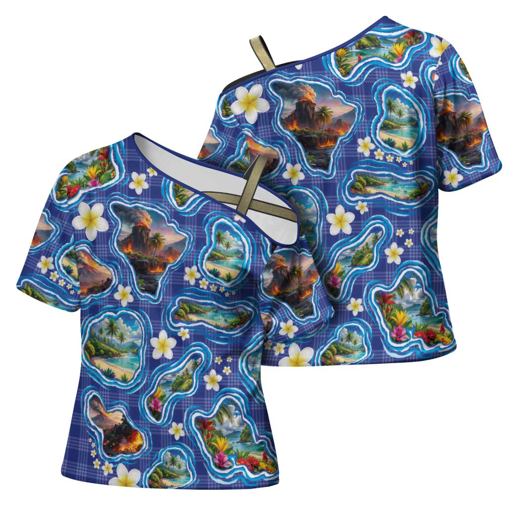 Hawaiian Island Shapes-Iconic Landscape Cross Shoulder Shirt with Plumeria and Palaka Blue Color