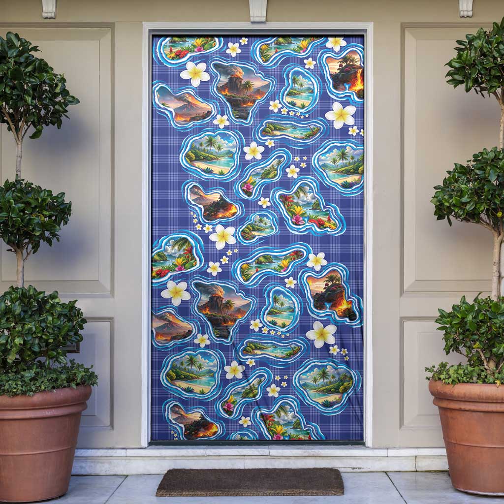Hawaiian Island Shapes-Iconic Landscape Door Cover with Plumeria and Palaka Blue Color LT03 Blue - Polynesian Pride