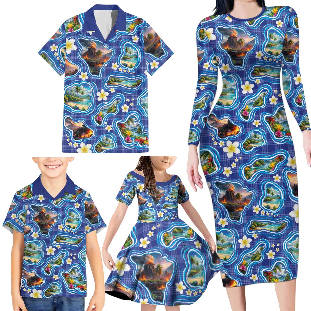 Hawaiian Island Shapes-Iconic Landscape Family Matching Long Sleeve Bodycon Dress and Hawaiian Shirt with Plumeria and Palaka Blue Color
