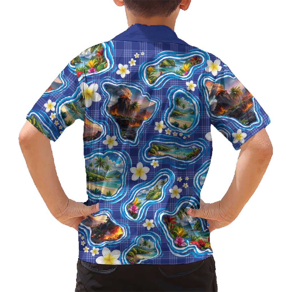 Hawaiian Island Shapes-Iconic Landscape Family Matching Mermaid Dress and Hawaiian Shirt with Plumeria and Palaka Blue Color