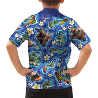 Hawaiian Island Shapes-Iconic Landscape Family Matching Mermaid Dress and Hawaiian Shirt with Plumeria and Palaka Blue Color