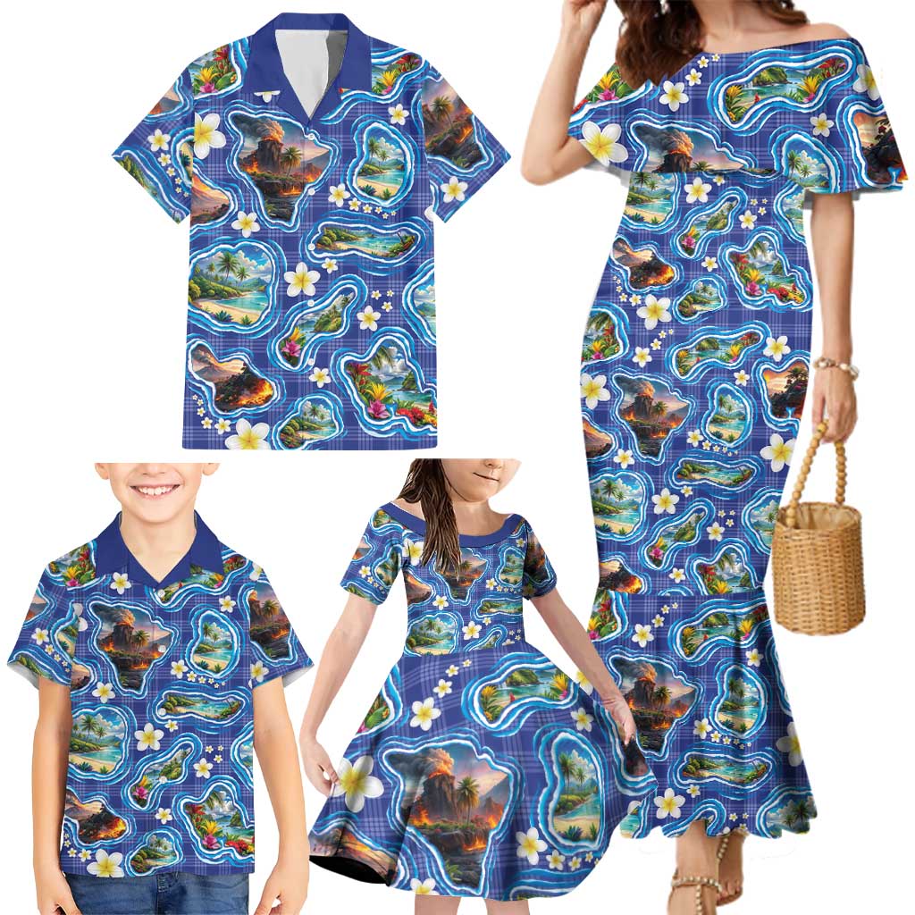 Hawaiian Island Shapes-Iconic Landscape Family Matching Mermaid Dress and Hawaiian Shirt with Plumeria and Palaka Blue Color