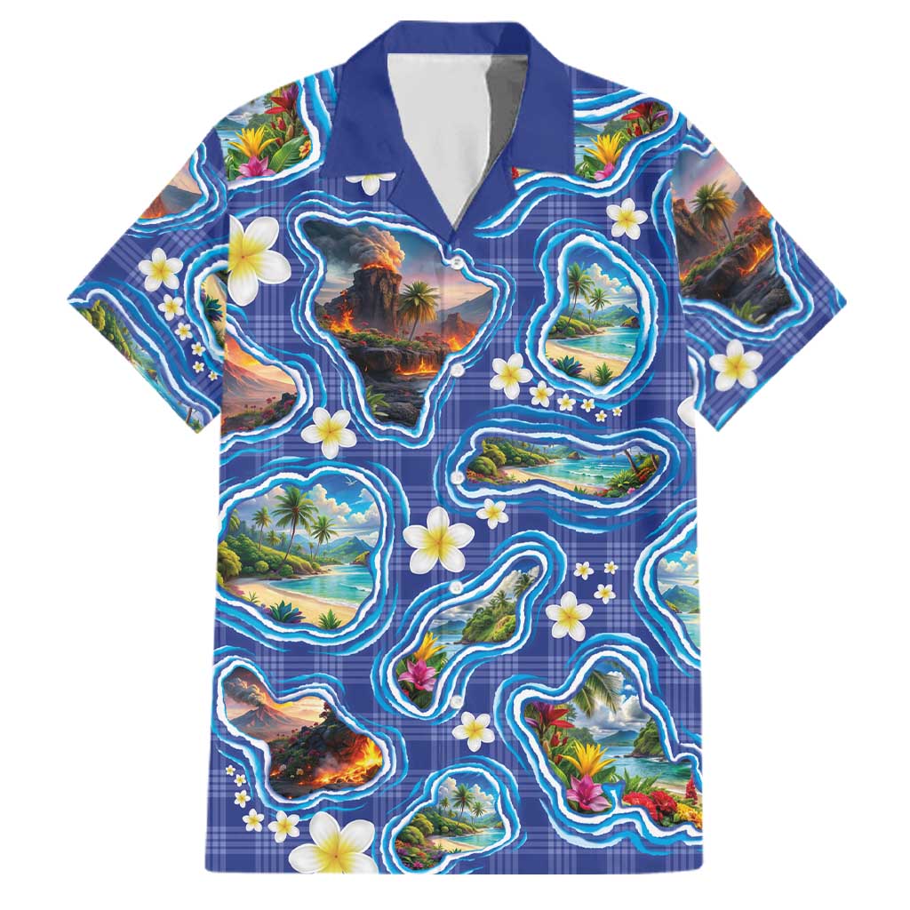 Hawaiian Island Shapes-Iconic Landscape Family Matching Mermaid Dress and Hawaiian Shirt with Plumeria and Palaka Blue Color
