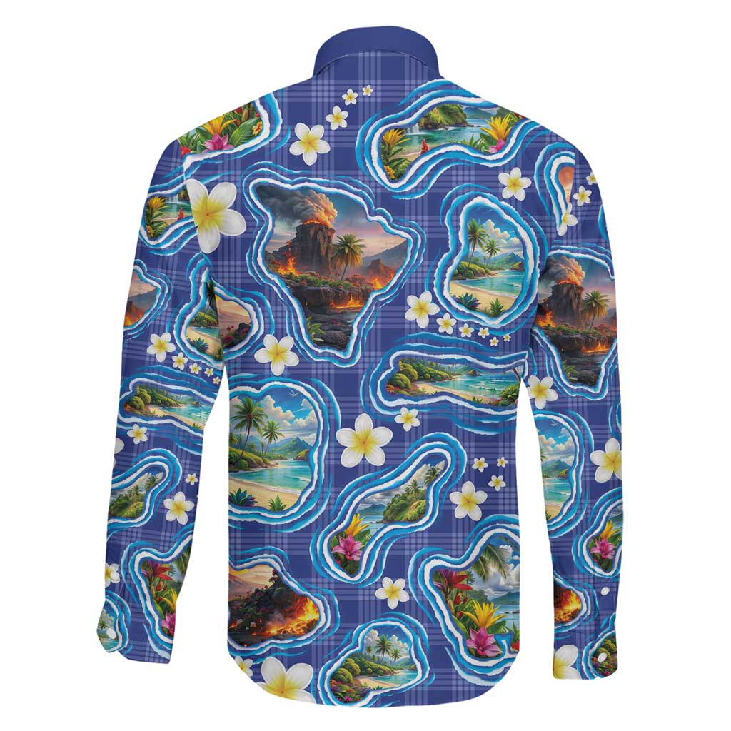 Hawaiian Island Shapes-Iconic Landscape Family Matching Mermaid Dress and Hawaiian Shirt with Plumeria and Palaka Blue Color