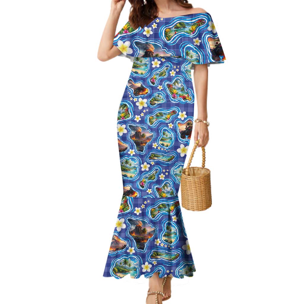 Hawaiian Island Shapes-Iconic Landscape Family Matching Mermaid Dress and Hawaiian Shirt with Plumeria and Palaka Blue Color