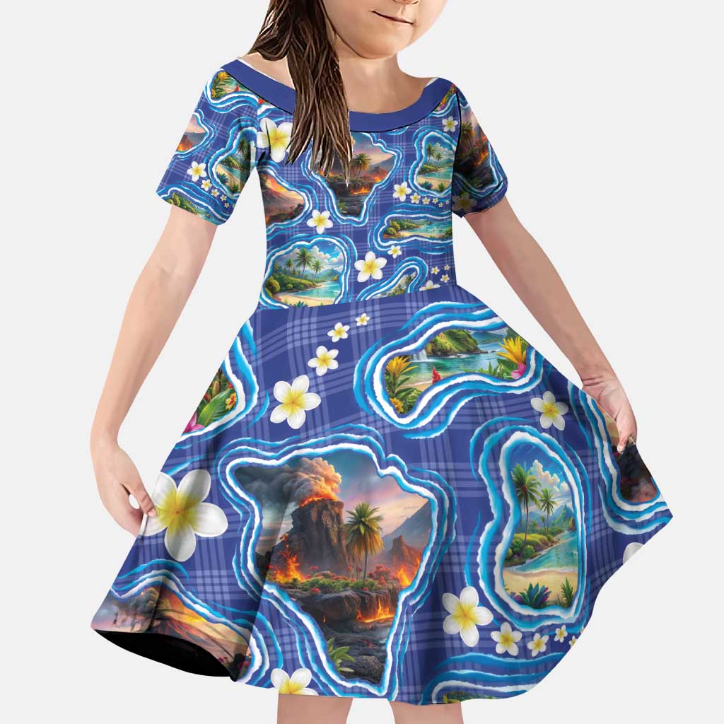 Hawaiian Island Shapes-Iconic Landscape Family Matching Off The Shoulder Long Sleeve Dress and Hawaiian Shirt with Plumeria and Palaka Blue Color