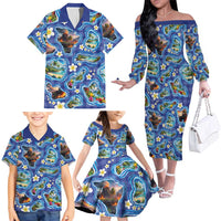 Hawaiian Island Shapes-Iconic Landscape Family Matching Off The Shoulder Long Sleeve Dress and Hawaiian Shirt with Plumeria and Palaka Blue Color
