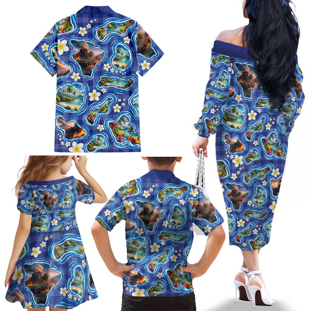 Hawaiian Island Shapes-Iconic Landscape Family Matching Off The Shoulder Long Sleeve Dress and Hawaiian Shirt with Plumeria and Palaka Blue Color
