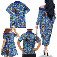 Hawaiian Island Shapes-Iconic Landscape Family Matching Off The Shoulder Long Sleeve Dress and Hawaiian Shirt with Plumeria and Palaka Blue Color