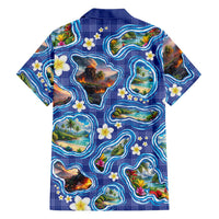 Hawaiian Island Shapes-Iconic Landscape Family Matching Off The Shoulder Long Sleeve Dress and Hawaiian Shirt with Plumeria and Palaka Blue Color