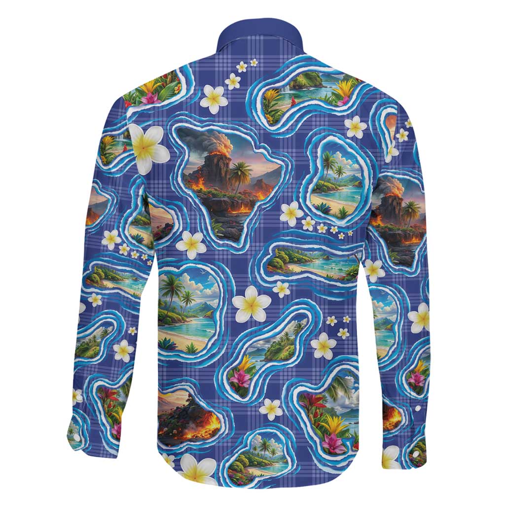 Hawaiian Island Shapes-Iconic Landscape Family Matching Off The Shoulder Long Sleeve Dress and Hawaiian Shirt with Plumeria and Palaka Blue Color