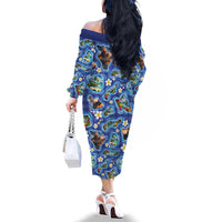 Hawaiian Island Shapes-Iconic Landscape Family Matching Off The Shoulder Long Sleeve Dress and Hawaiian Shirt with Plumeria and Palaka Blue Color