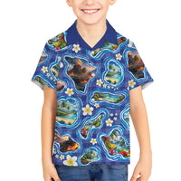 Hawaiian Island Shapes-Iconic Landscape Family Matching Off The Shoulder Long Sleeve Dress and Hawaiian Shirt with Plumeria and Palaka Blue Color