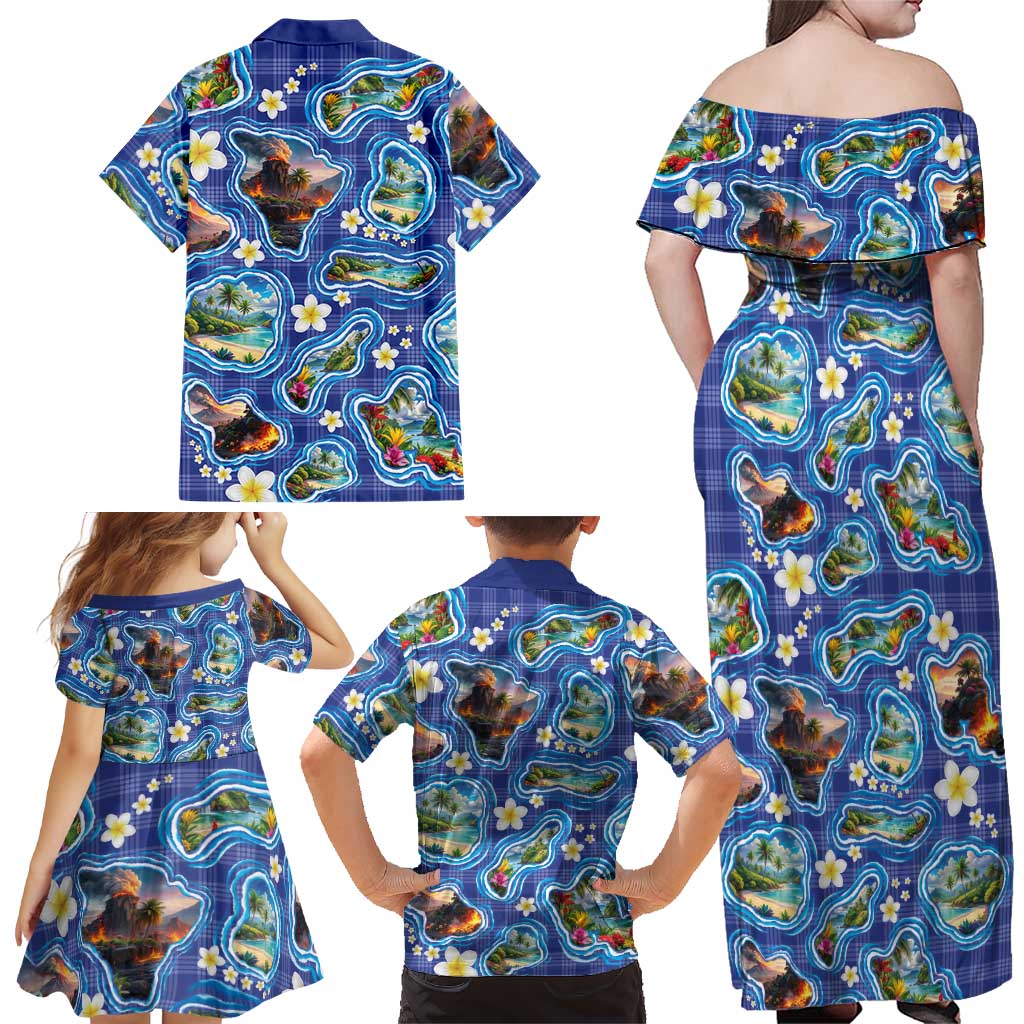 Hawaiian Island Shapes-Iconic Landscape Family Matching Off Shoulder Maxi Dress and Hawaiian Shirt with Plumeria and Palaka Blue Color