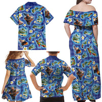 Hawaiian Island Shapes-Iconic Landscape Family Matching Off Shoulder Maxi Dress and Hawaiian Shirt with Plumeria and Palaka Blue Color