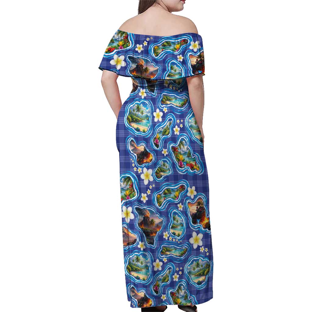 Hawaiian Island Shapes-Iconic Landscape Family Matching Off Shoulder Maxi Dress and Hawaiian Shirt with Plumeria and Palaka Blue Color