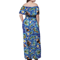 Hawaiian Island Shapes-Iconic Landscape Family Matching Off Shoulder Maxi Dress and Hawaiian Shirt with Plumeria and Palaka Blue Color