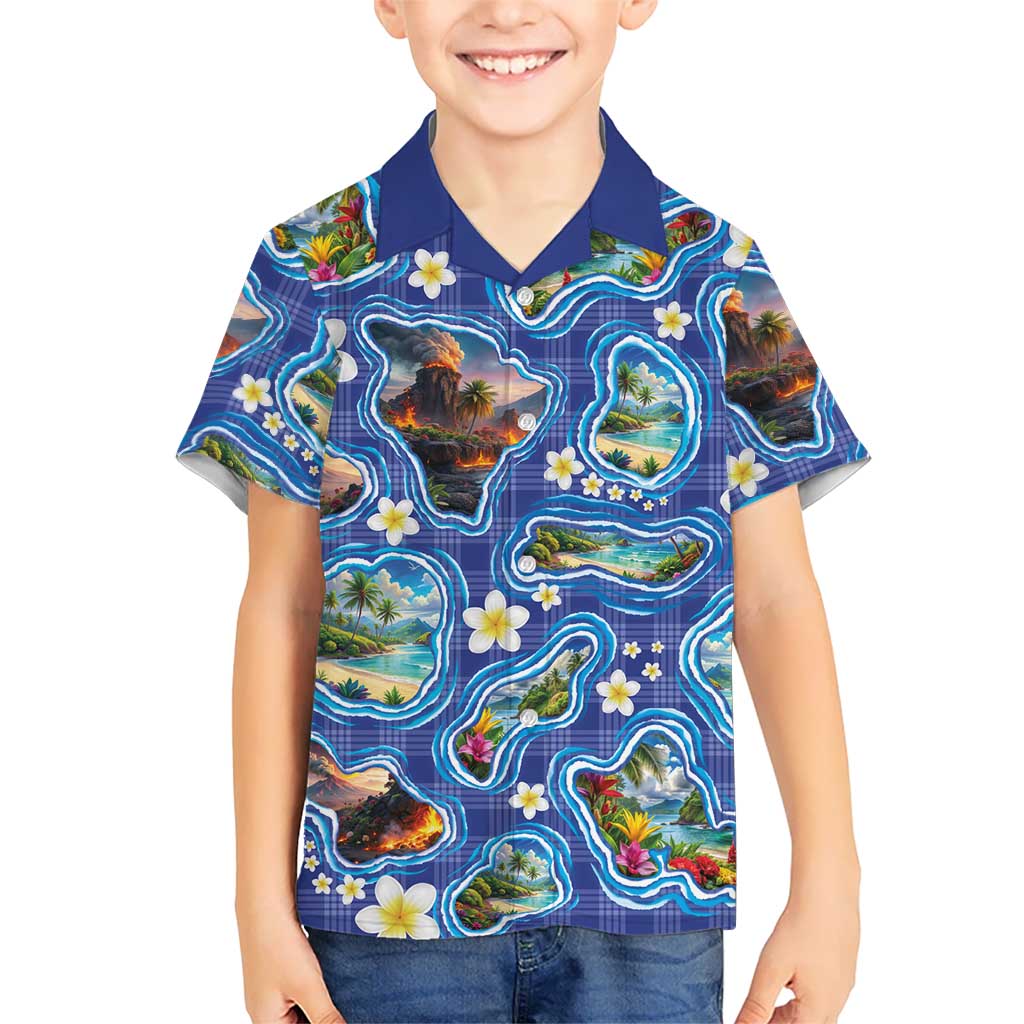 Hawaiian Island Shapes-Iconic Landscape Family Matching Off Shoulder Maxi Dress and Hawaiian Shirt with Plumeria and Palaka Blue Color