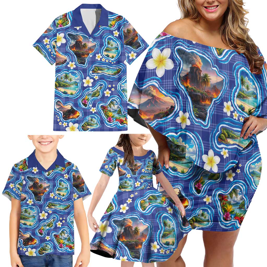 Hawaiian Island Shapes-Iconic Landscape Family Matching Off Shoulder Short Dress and Hawaiian Shirt with Plumeria and Palaka Blue Color
