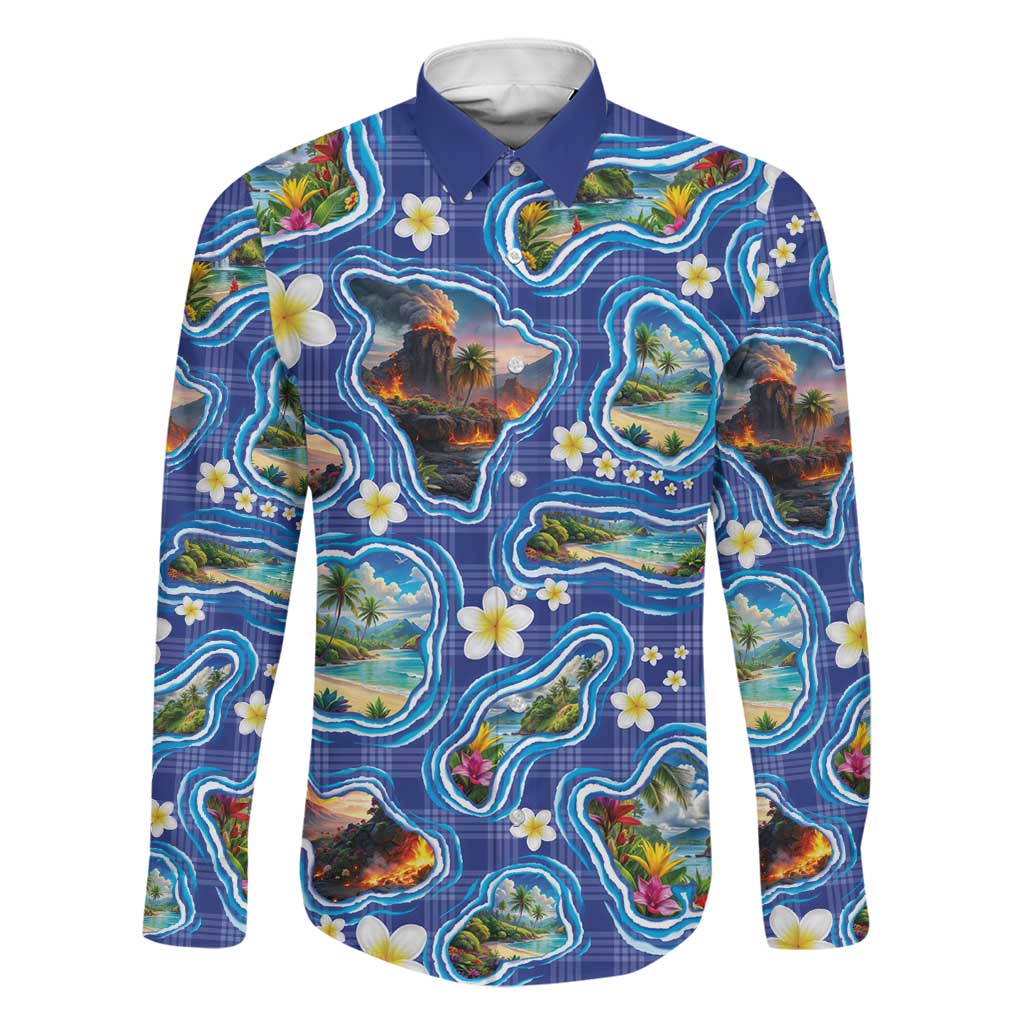 Hawaiian Island Shapes-Iconic Landscape Family Matching Off Shoulder Short Dress and Hawaiian Shirt with Plumeria and Palaka Blue Color